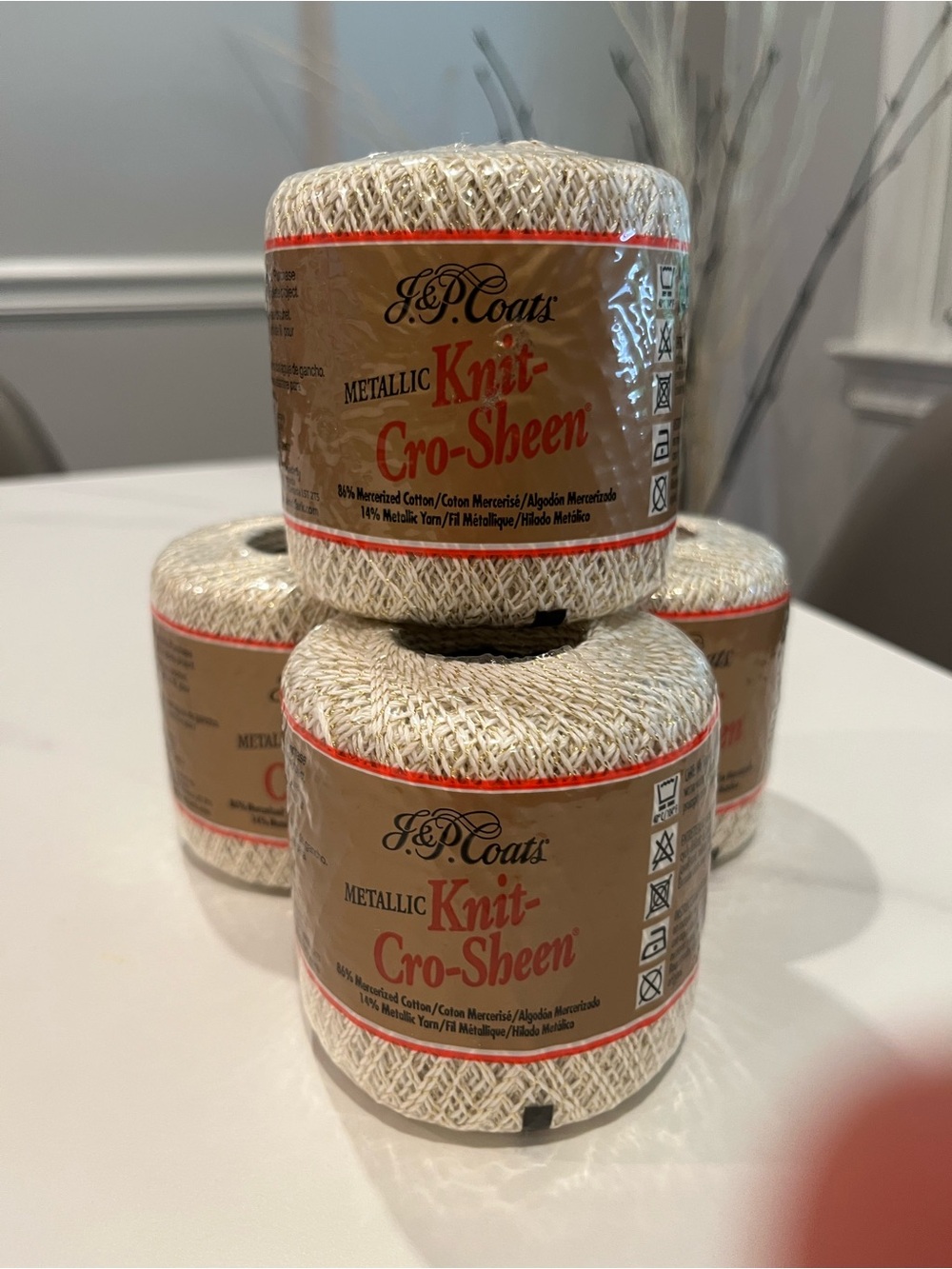 Lot of 4 J & P Coats Metallic Knit-Cro-Sheen Yarn in Ivory with Gold